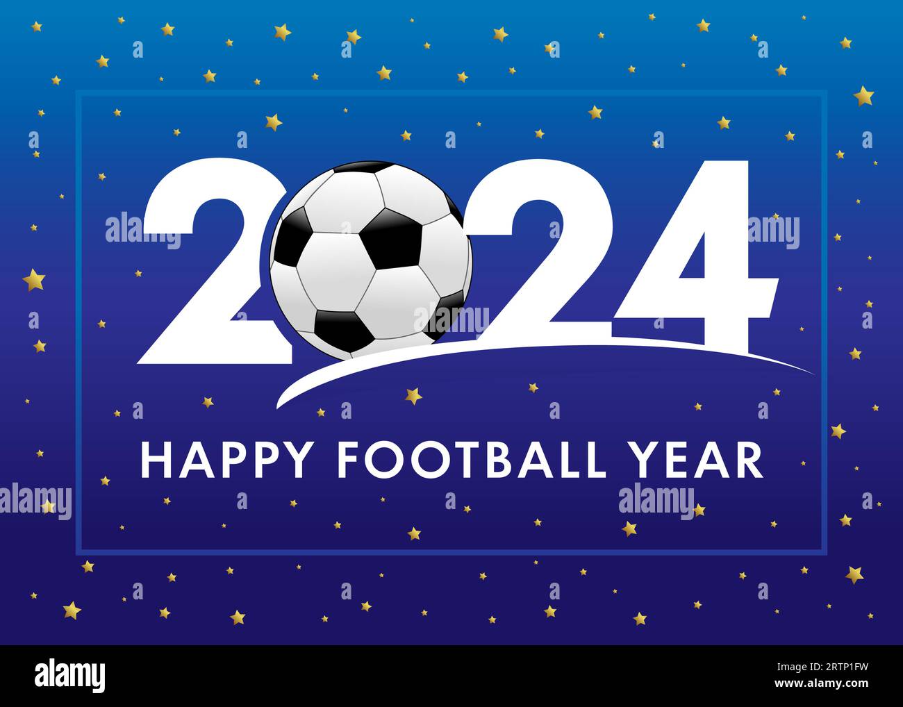 Striscione blu dell'anno di calcio 2024. Decorazioni natalizie con disegno a cifre con pallone da calcio per striscioni, biglietti di auguri o inviti di Capodanno. Vectoк Illustrazione Vettoriale