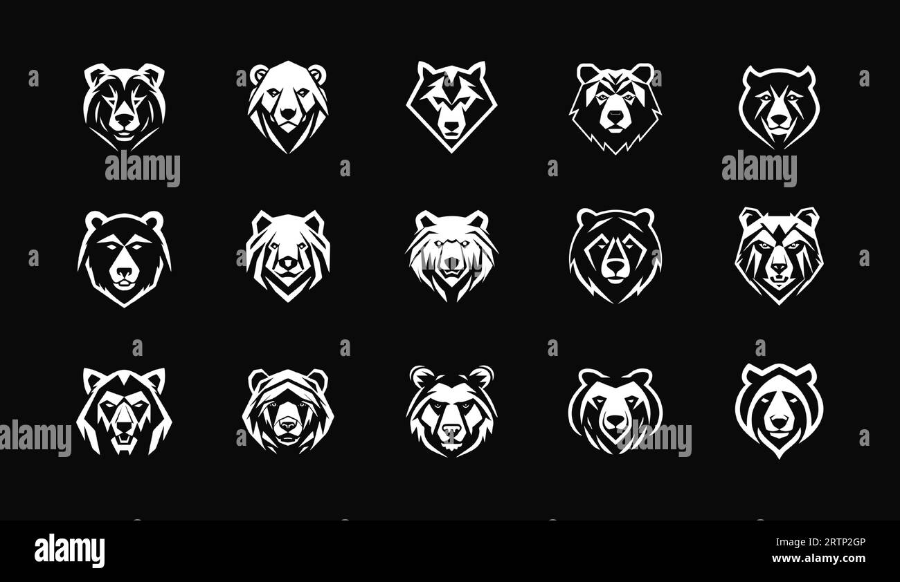 Set di logo con testa di orso, mascotte grizzly, collezione di simboli di silhouette nera per emblemi sportivi, stampe naturalistiche o marchi di natura selvaggia. Logo Vector. Illustrazione Vettoriale