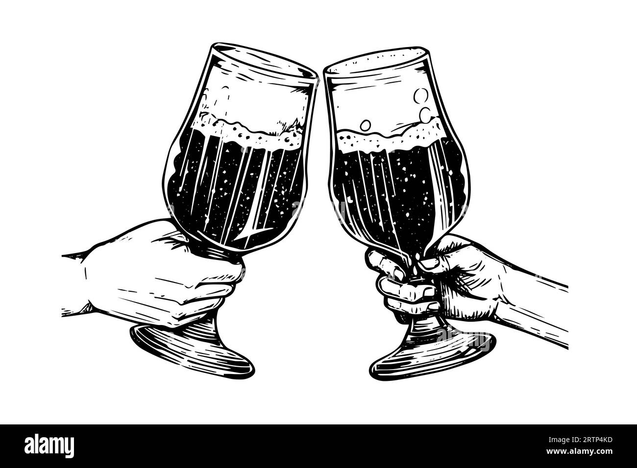 Due bicchieri da birra salutano lo schizzo a inchiostro disegnato a mano. Incisione illustrazione vettoriale in stile vintage. Illustrazione Vettoriale