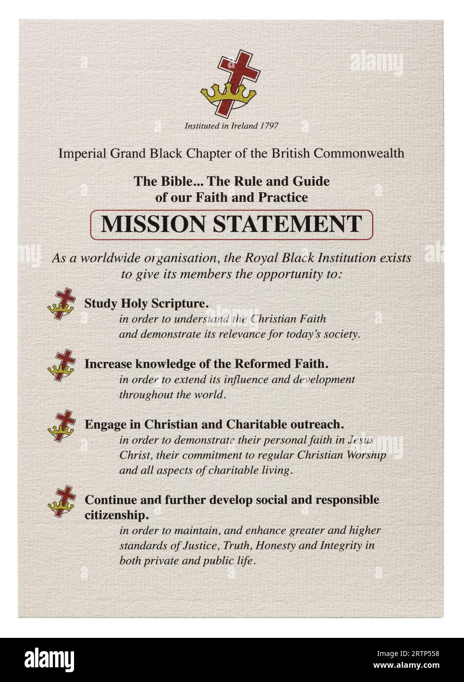 La dichiarazione della missione del Gran capitolo Nero Imperiale del Commonwealth britannico Foto Stock