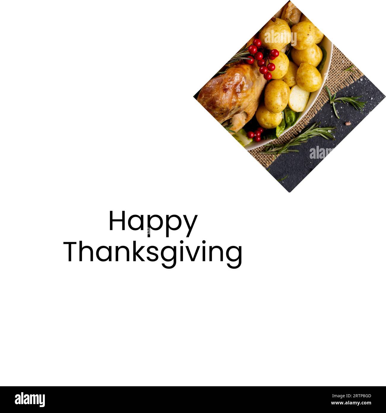 Buon messaggio di ringraziamento su bianco con cena di tacchino di ringraziamento sul tavolo Foto Stock