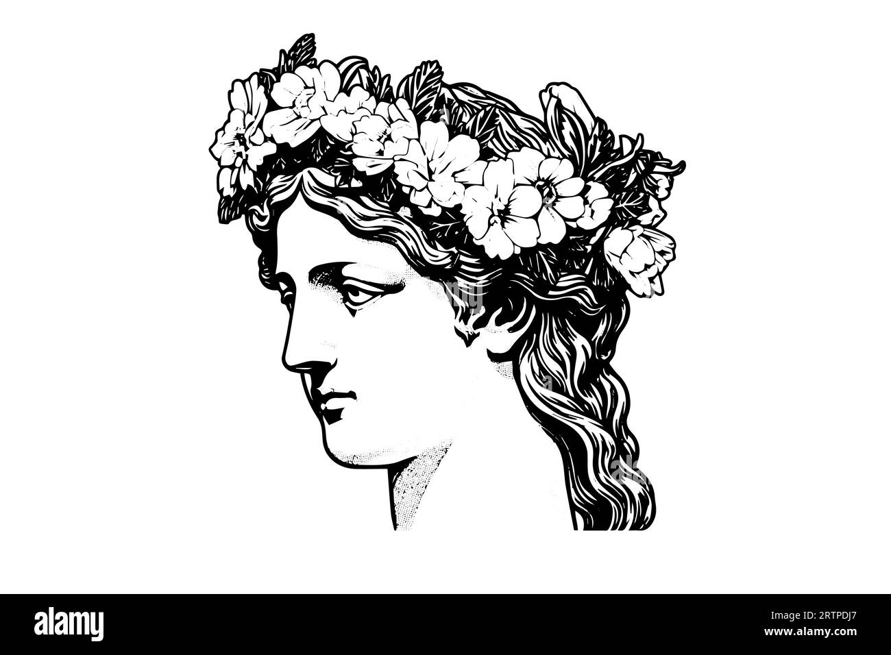 Testa della statua di scultura greca disegnata a mano disegno in stile incisione. Illustrazione vettoriale. Immagine per la stampa, il tatuaggio e il disegno. Illustrazione Vettoriale