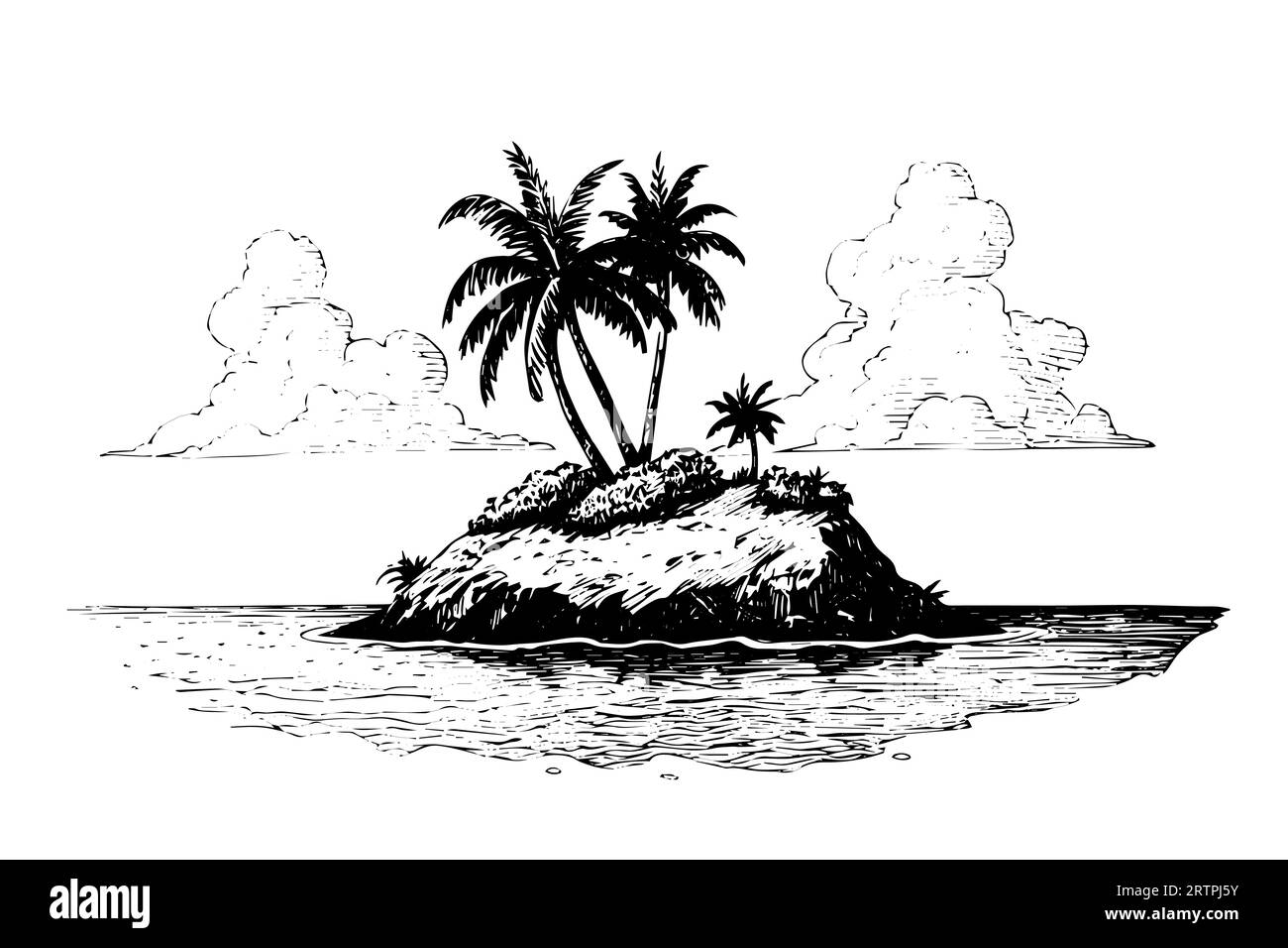 Isole con palme e schizzi a inchiostro disegnati a mano. Illustrazione vettoriale stile incisione. Illustrazione Vettoriale
