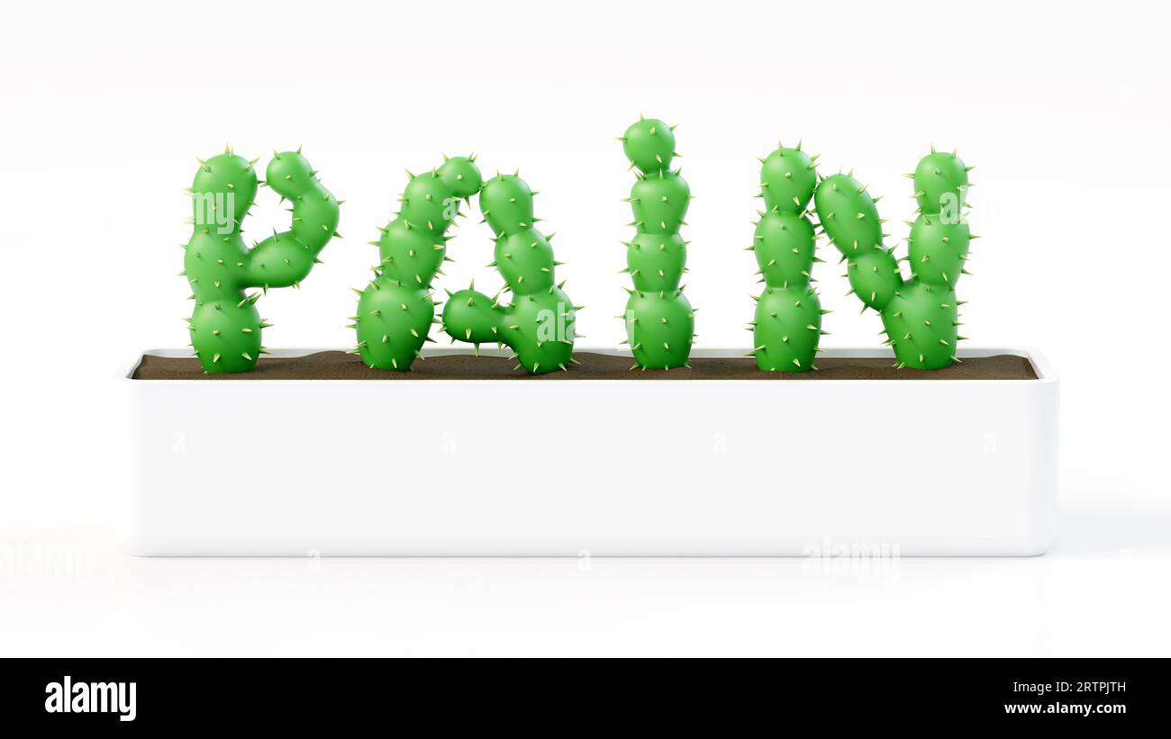 Illustrazione 3d di Pain Concept. il rendering in 3d delle lettere di cactus rende la parola del dolore Foto Stock