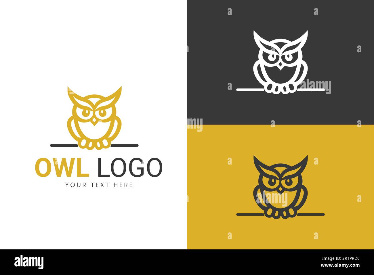 Silhouette gufo dorato con logo, modello con logo gufo giallo vettoriale Illustrazione Vettoriale