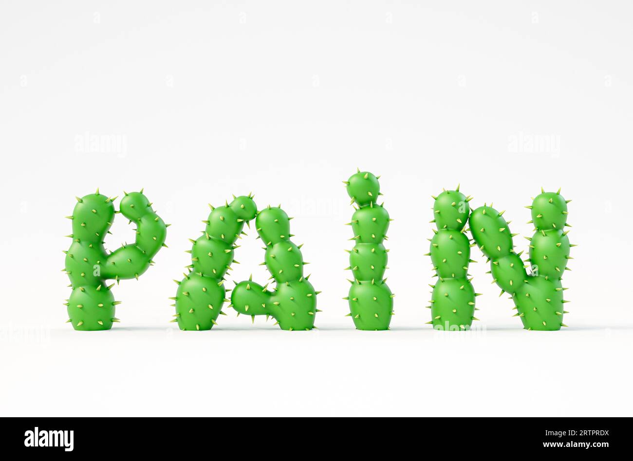 Illustrazione 3d di Pain Concept. il rendering 3d delle lettere di cactus rende la parola dolore isolata su sfondo bianco Foto Stock