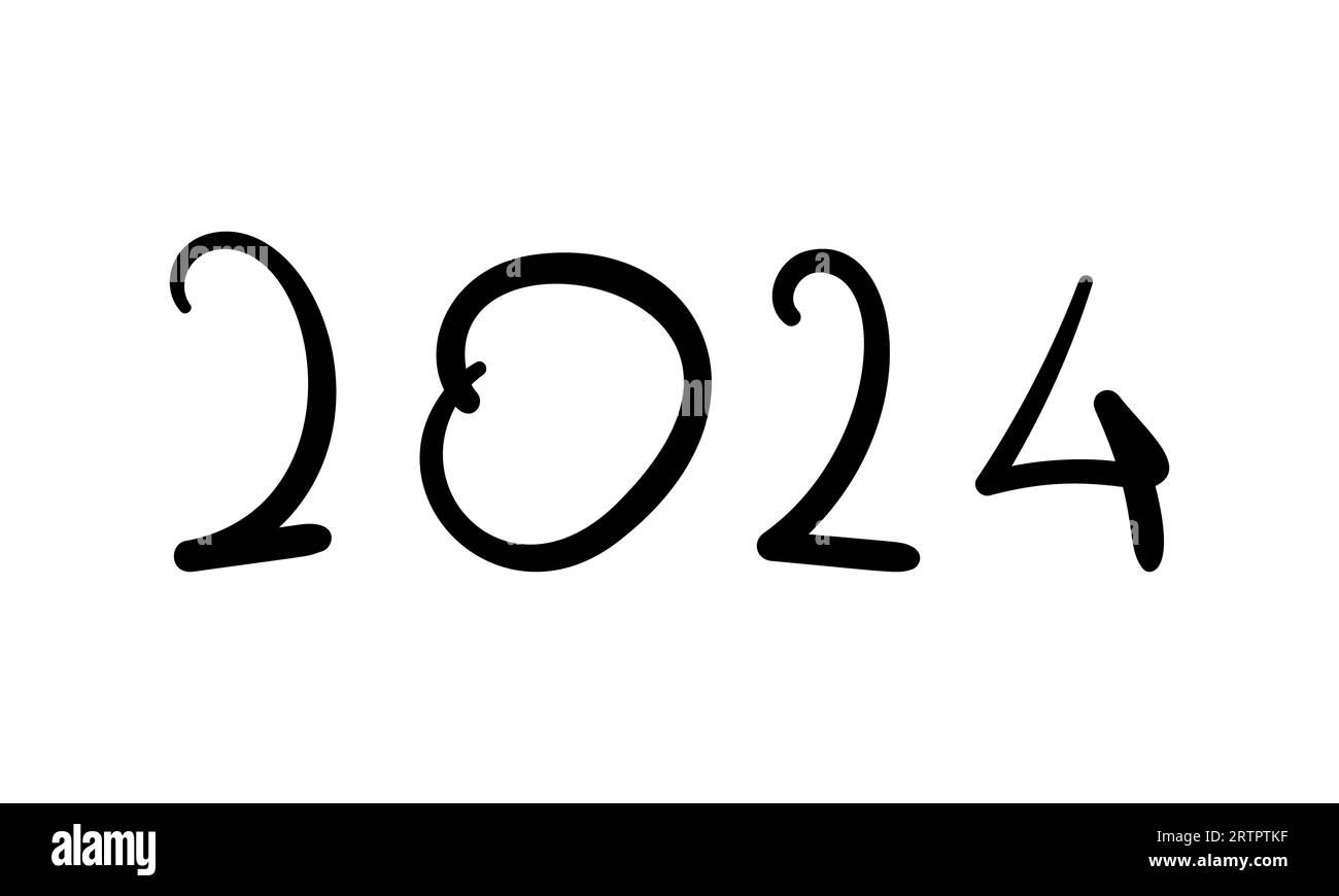 Anno 2024 numeri di data scritti a mano realizzati con linee nere arrotondate Doodle, illustrazione vettoriale Illustrazione Vettoriale