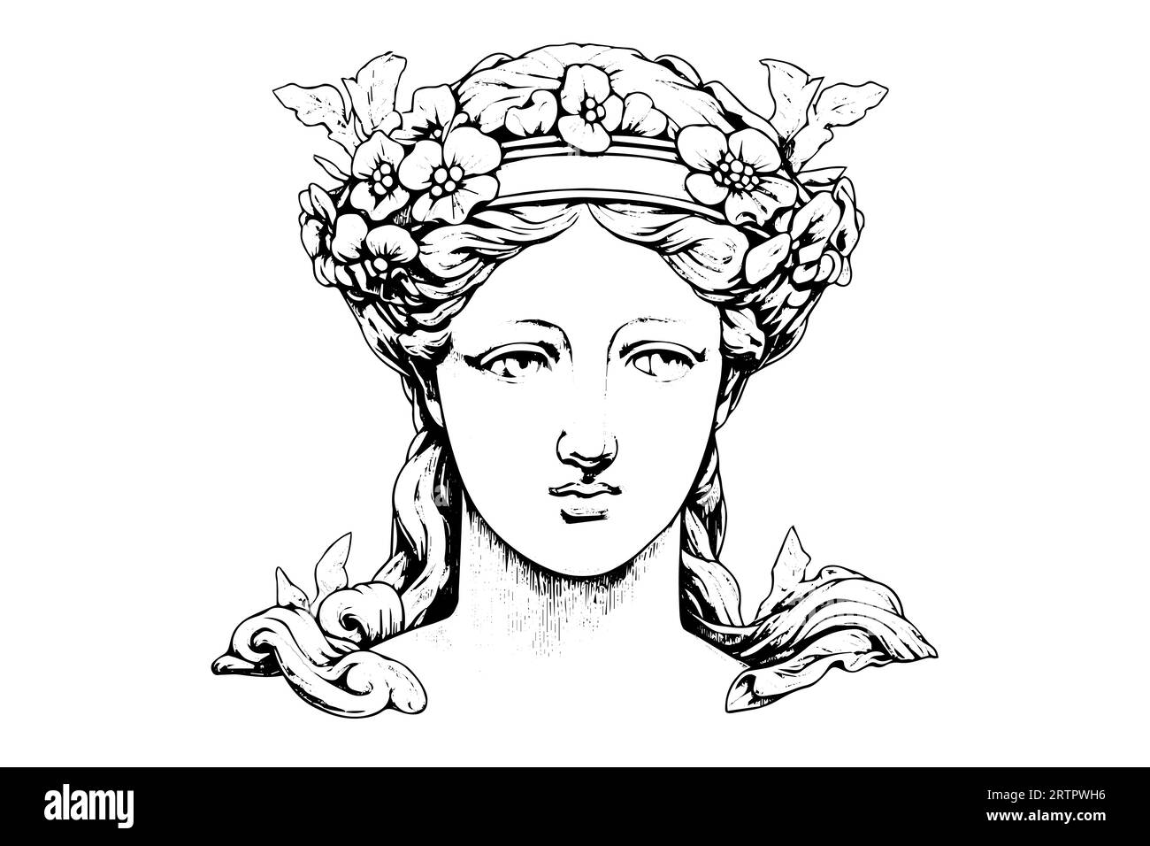 Testa della statua di scultura greca disegnata a mano disegno in stile incisione. Illustrazione vettoriale. Immagine per la stampa, il tatuaggio e il disegno. Illustrazione Vettoriale