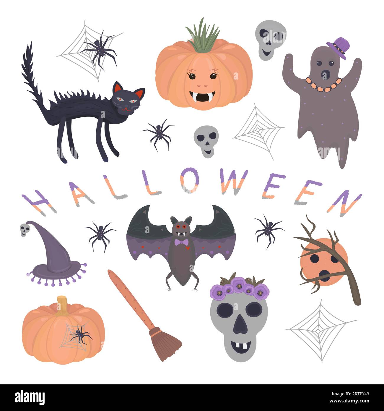 Illustrazione colorata di Halloween in tonalità grigie, arancioni e viola Illustrazione Vettoriale