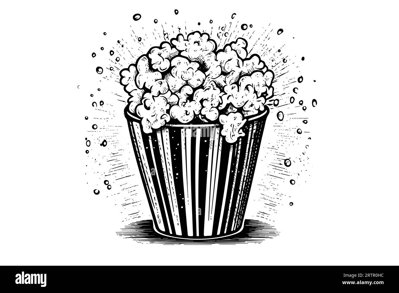 Illustrazione vettoriale inchiostro per incisione esplosiva popcorn , line art. Illustrazione Vettoriale