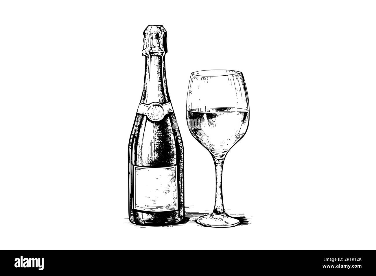 Bottiglia con Champagne e vetro di vino con incisione, disegno a mano. Illustrazione Vettoriale