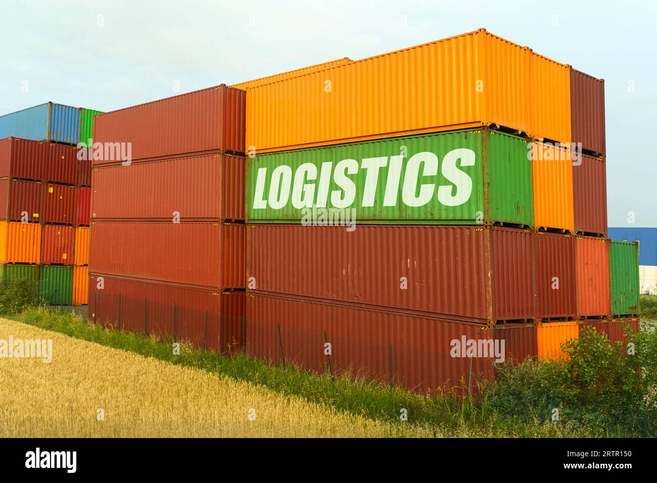 Concetto aziendale. Sui contenitori colorati per il trasporto di merci, l'iscrizione - LOGISTICA Foto Stock