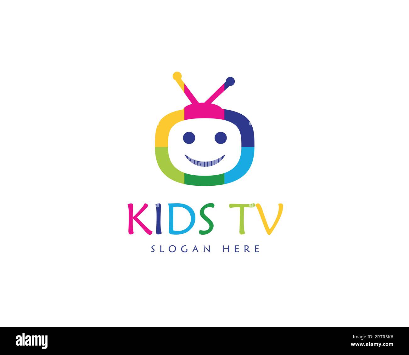 Modello di design con logo TV per bambini. Logo del vettore televisivo. Logo TV. TV per bambini con logo colorato Illustrazione Vettoriale
