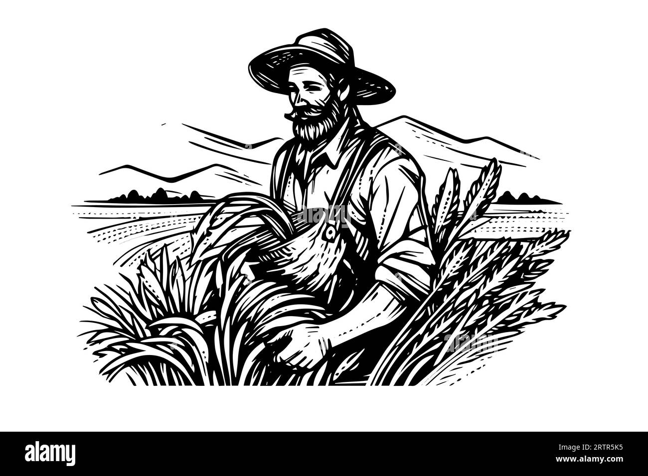 Felice agricoltore in cappello lavora in stile incisione sul campo. Schizzo a inchiostro disegnato a mano. Illustrazione del logotipo vettoriale. Illustrazione Vettoriale