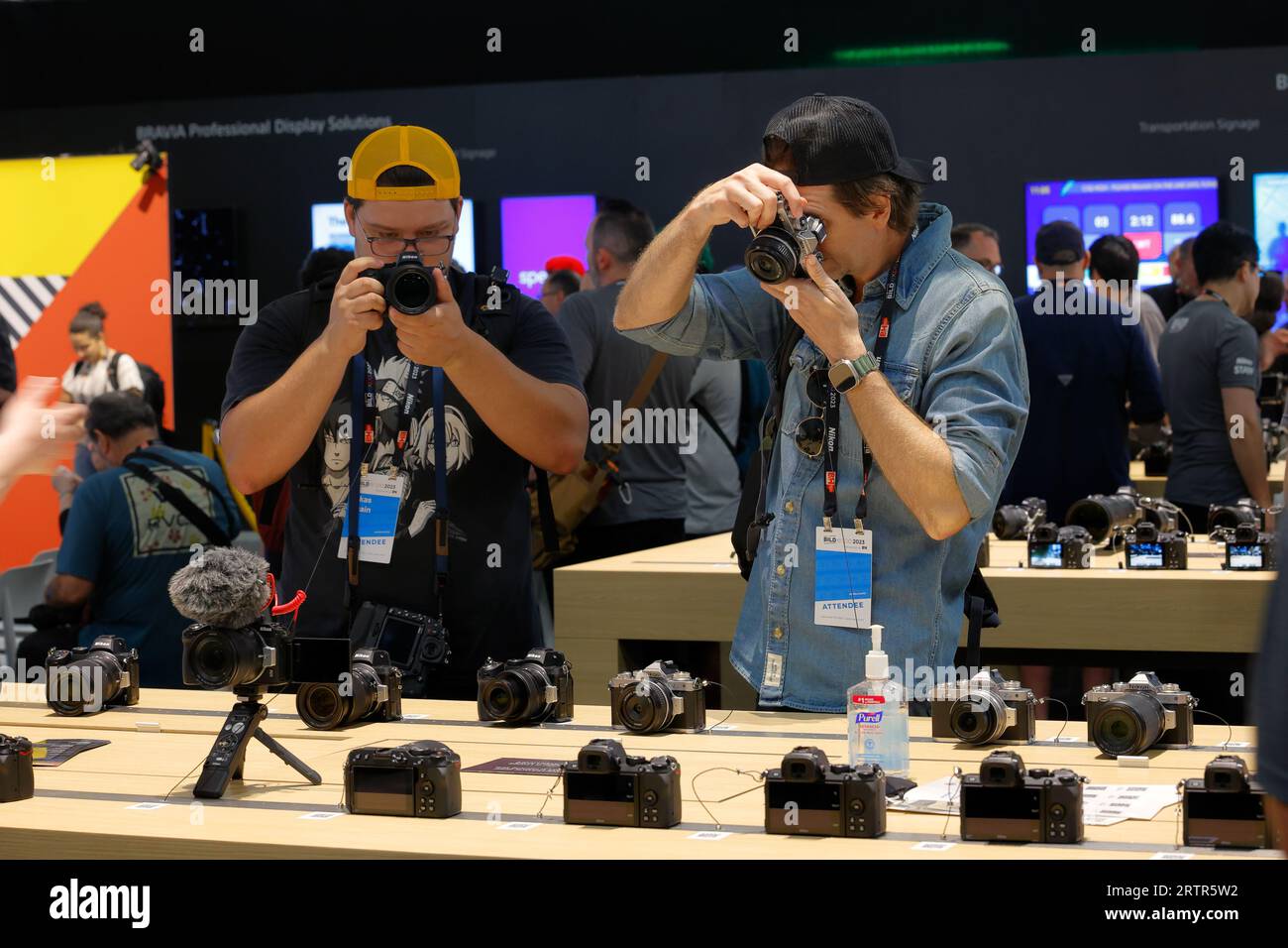 Le persone esaminano e provano le fotocamere mirrorless Nikon in una fiera fotografica Foto Stock