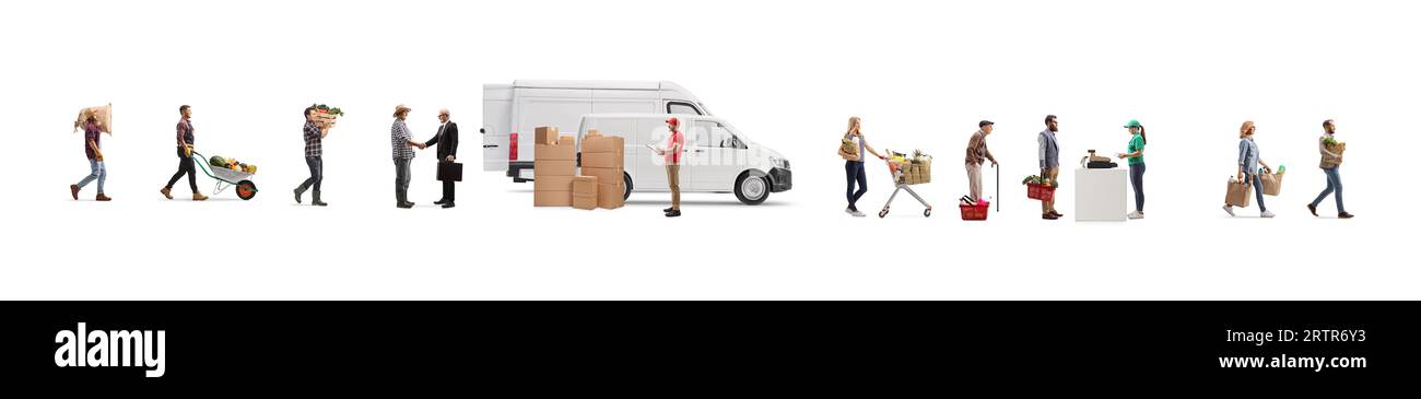 Catena di approvvigionamento alimentare dall'azienda agricola al mercato, produttori e clienti isolati su sfondo bianco Foto Stock