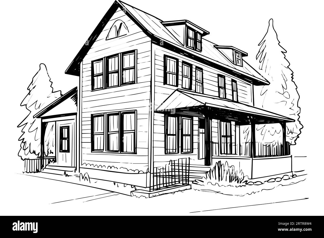 Schizzo vettoriale in bianco e nero di una casa in legno d'epoca. Illustrazione dello stile di incisione. Illustrazione Vettoriale