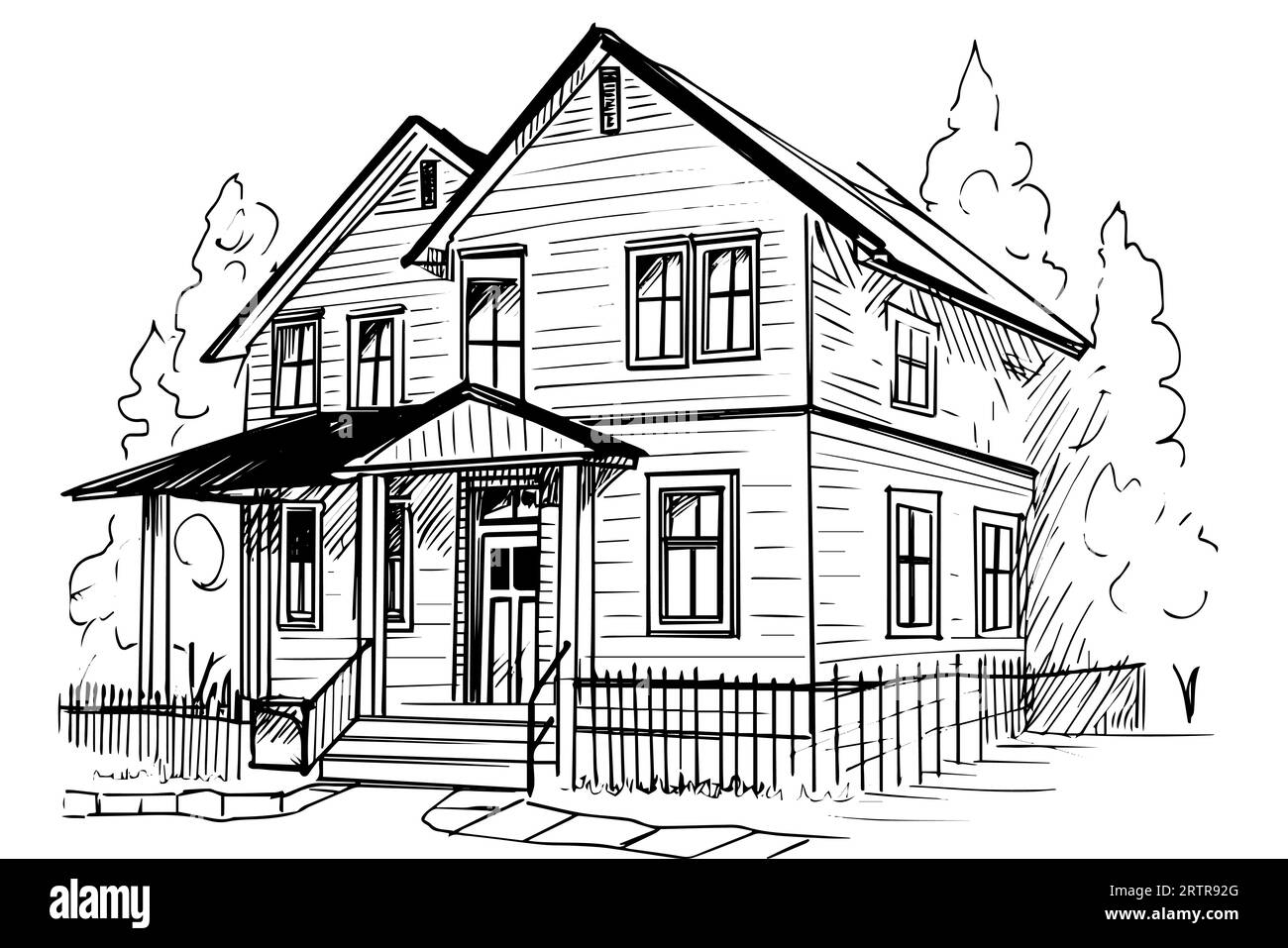 Schizzo vettoriale in bianco e nero di una casa in legno d'epoca. Illustrazione dello stile di incisione. Illustrazione Vettoriale
