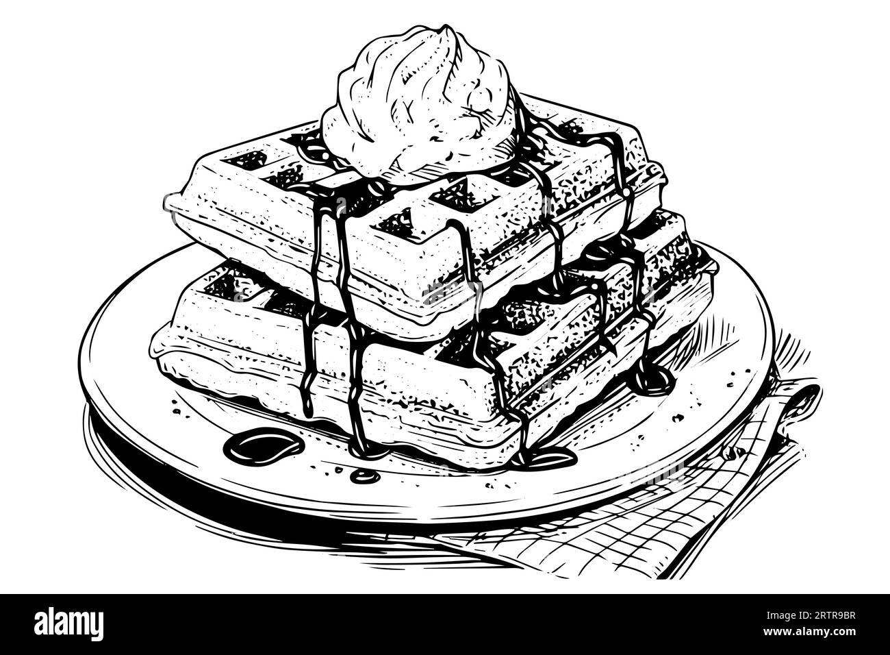 Waffle con schizzi di gelato disegnati a mano. Illustrazione vettoriale stile incisione. Illustrazione Vettoriale