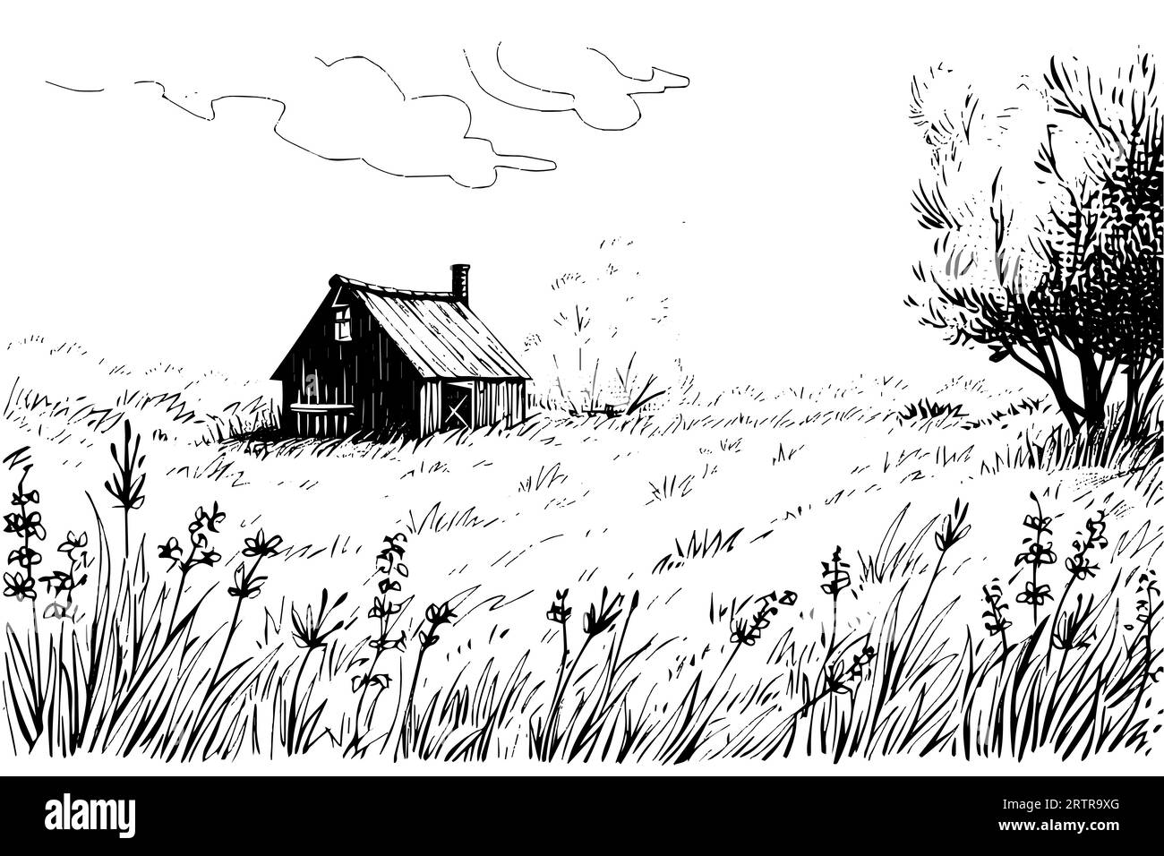 Paesaggio rurale con una fattoria in stile incisione. Illustrazione vettoriale disegnata a mano. Illustrazione Vettoriale