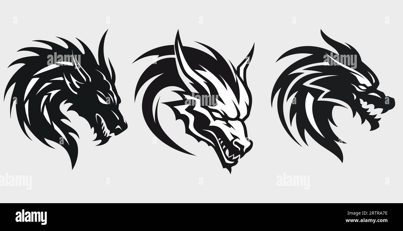 Set di testa di drago nero isolato in bianco e nero Illustrazione Vettoriale