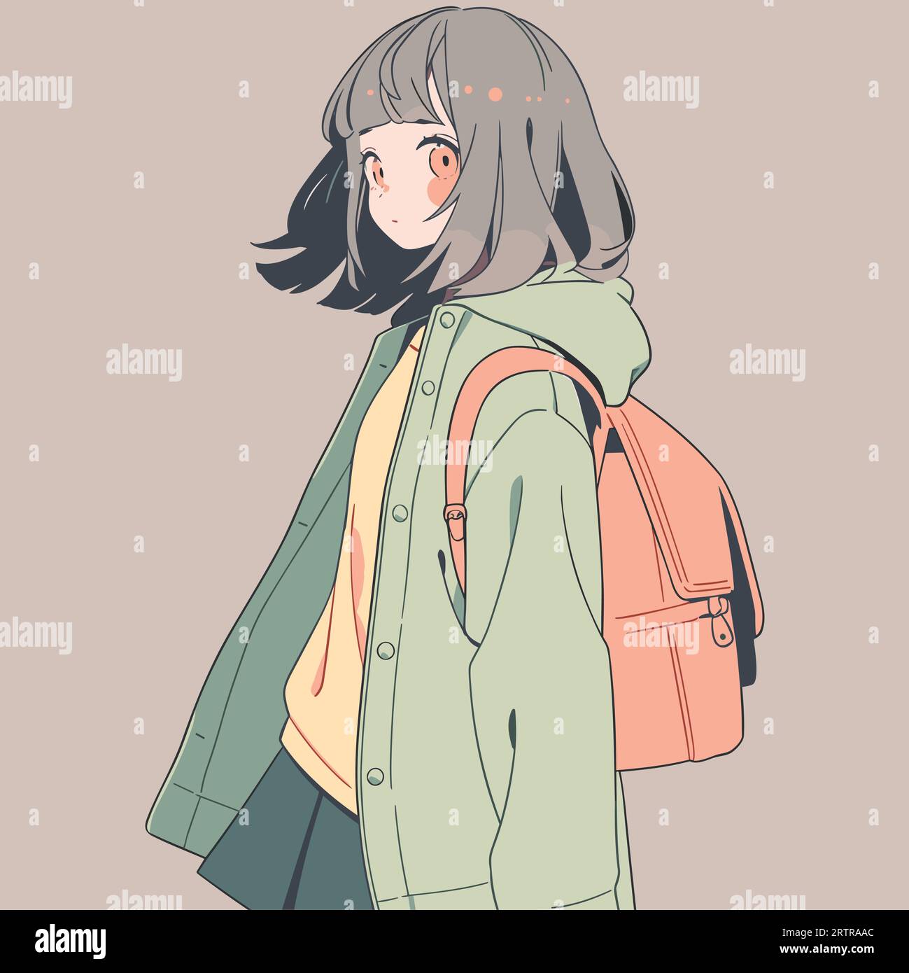 Giovane ragazza scolastica in stile anime, personaggio con illustrazione vettoriale Illustrazione Vettoriale