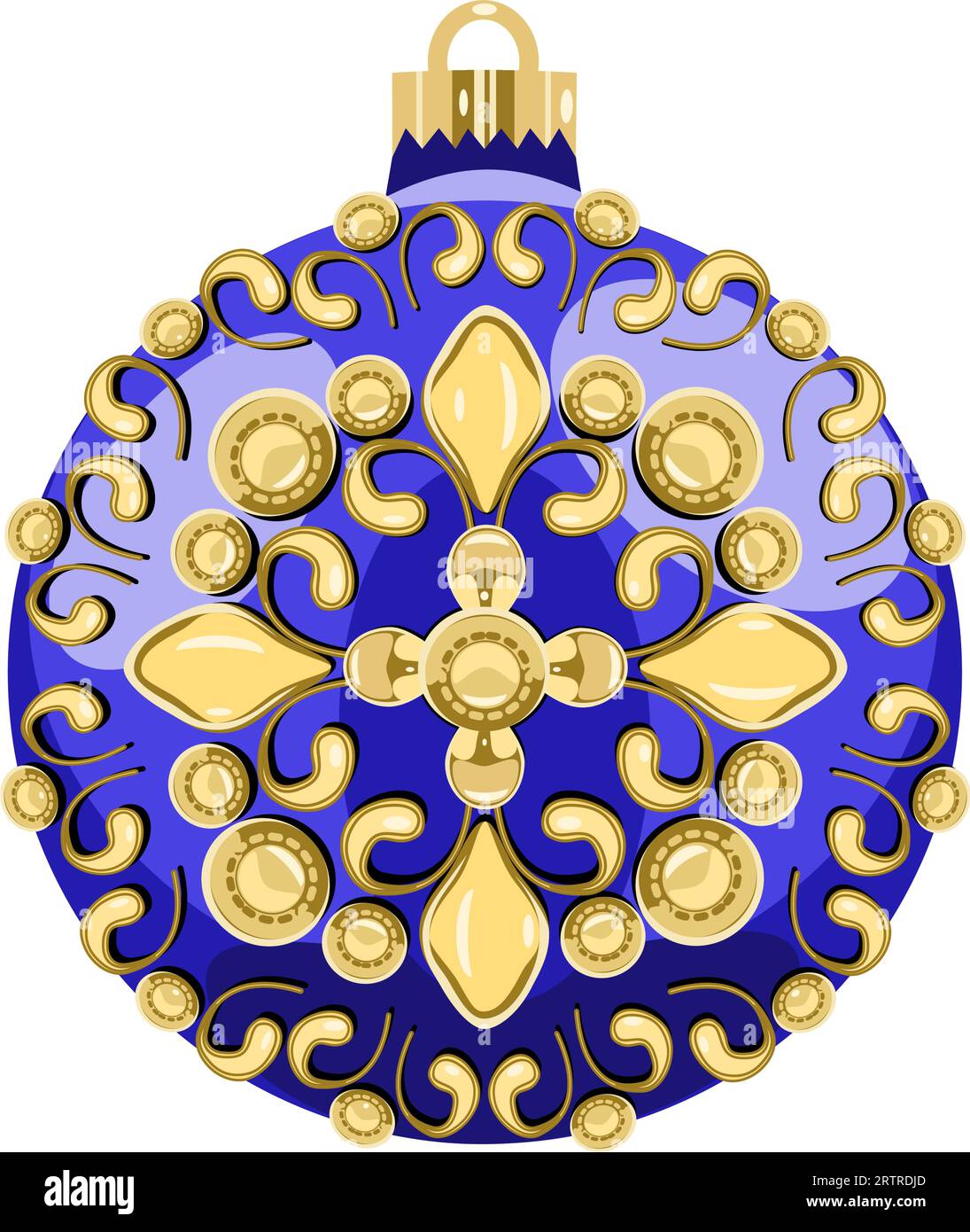 Pallina di Natale blu con ornamenti dorati isolati su sfondo bianco. Illustrazione vettoriale. Illustrazione Vettoriale