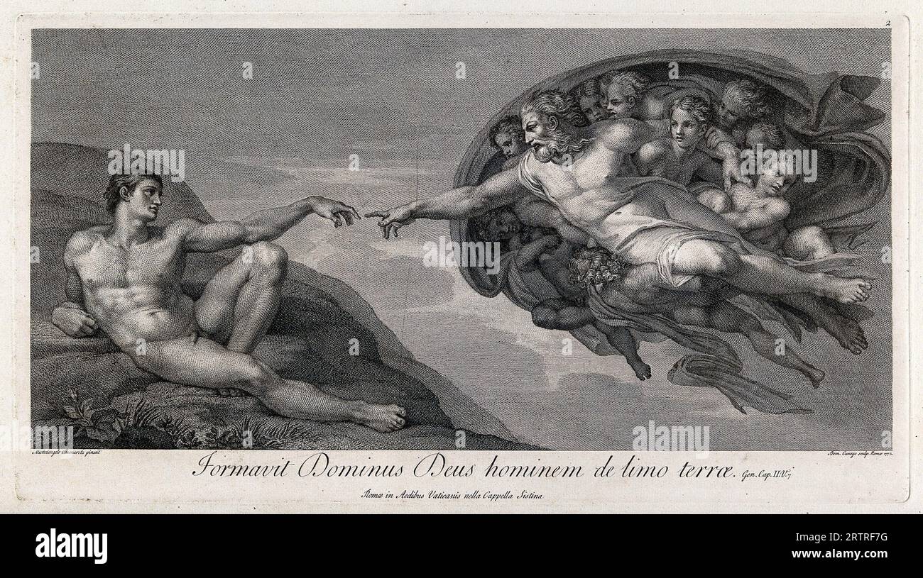 La creazione di Adamo, incisione di Domenico Cunego, 1772, in onore di Michelangelo Foto Stock