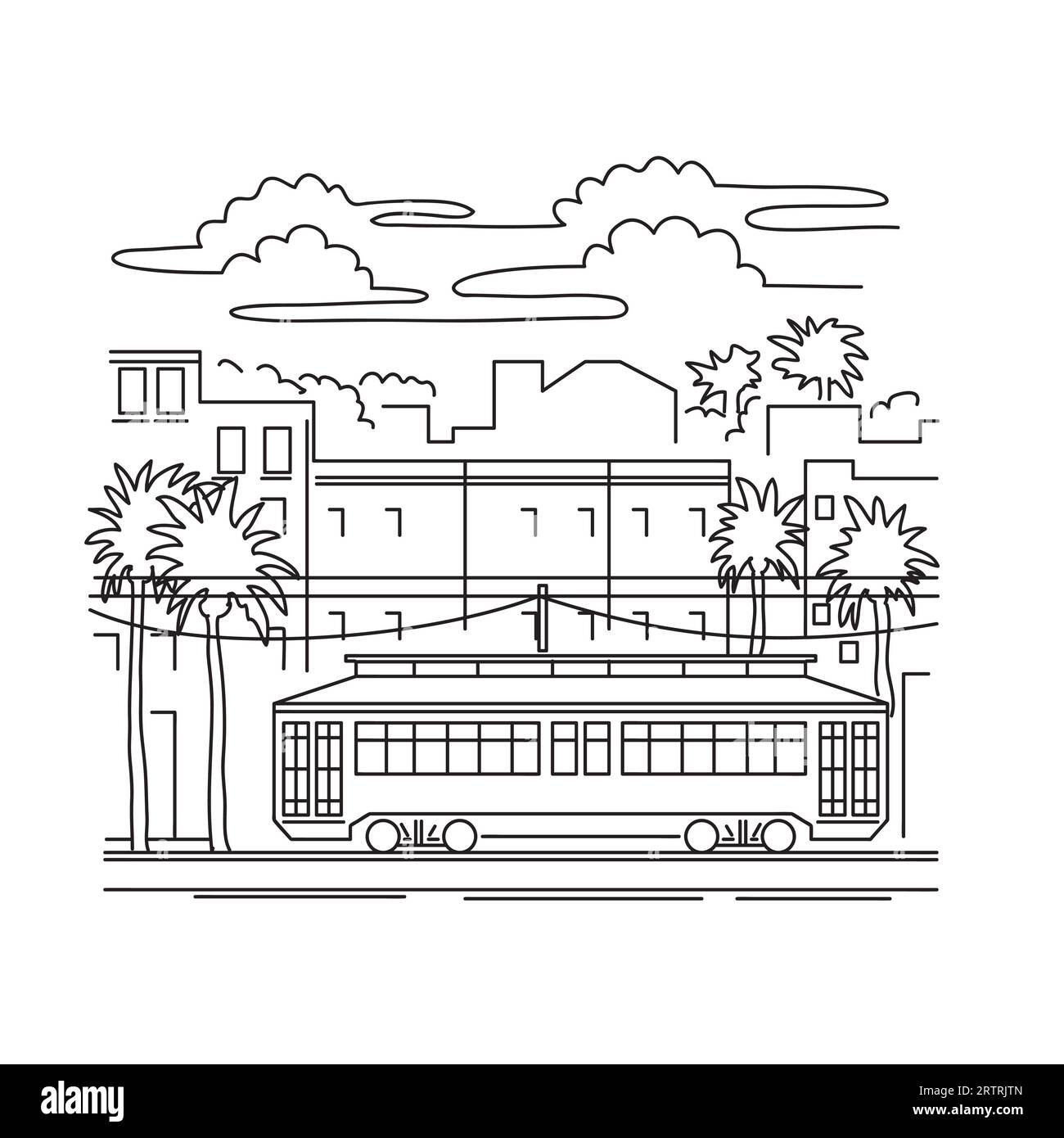 Illustrazione monolinea di un tram o tram a New Orleans, Louisiana, USA realizzata in stile bianco e nero. Foto Stock