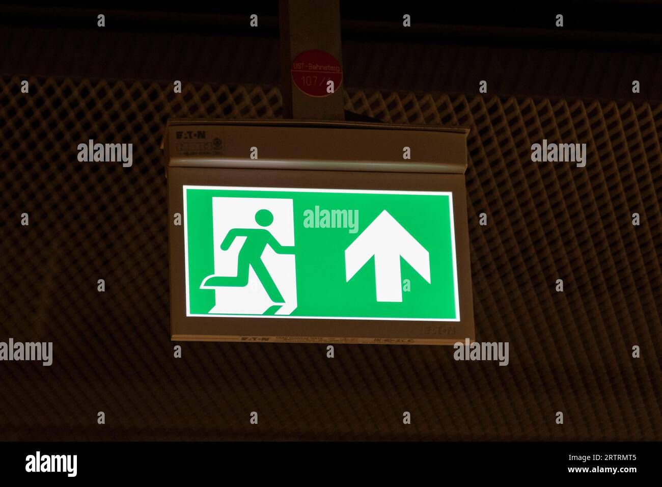 Immagine simbolica, via di fuga, segnale luminoso verde con freccia di direzione per uscita di emergenza, Germania Foto Stock