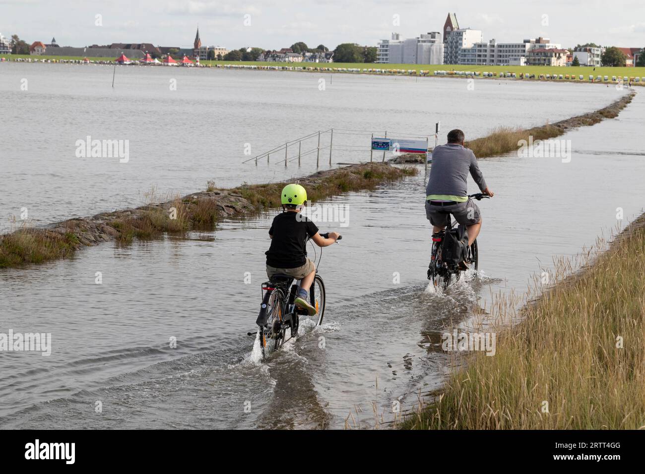 Ciclista su un sentiero inondato con l'alta marea sulla spiaggia di Cuxhaven, costa del Mare del Nord, bassa Sassonia, Germania Foto Stock