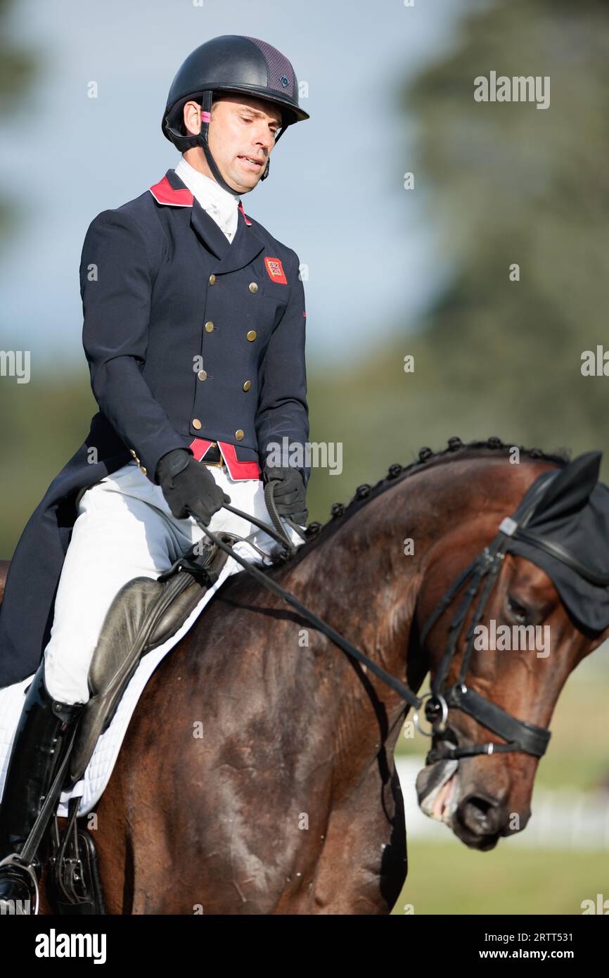 Harry Meade di Gran Bretagna con et Hop Du Matz durante il test di dressage al Blenheim Palace International Horse Trials il 14 settembre 2023, Regno Unito (foto di Maxime David/MXIMD Pictures - mximd.com) Foto Stock