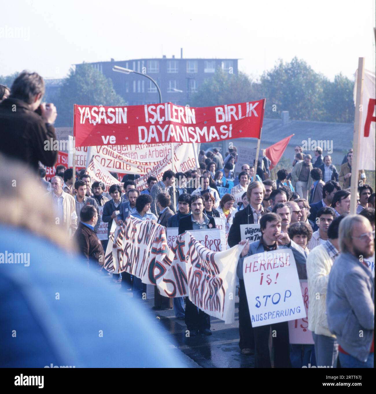 DEU, Germania: Le diapositive storiche dei tempi 80-90, Dortmund. Dimostrazione DGB contro il blocco. anni '80 Foto Stock