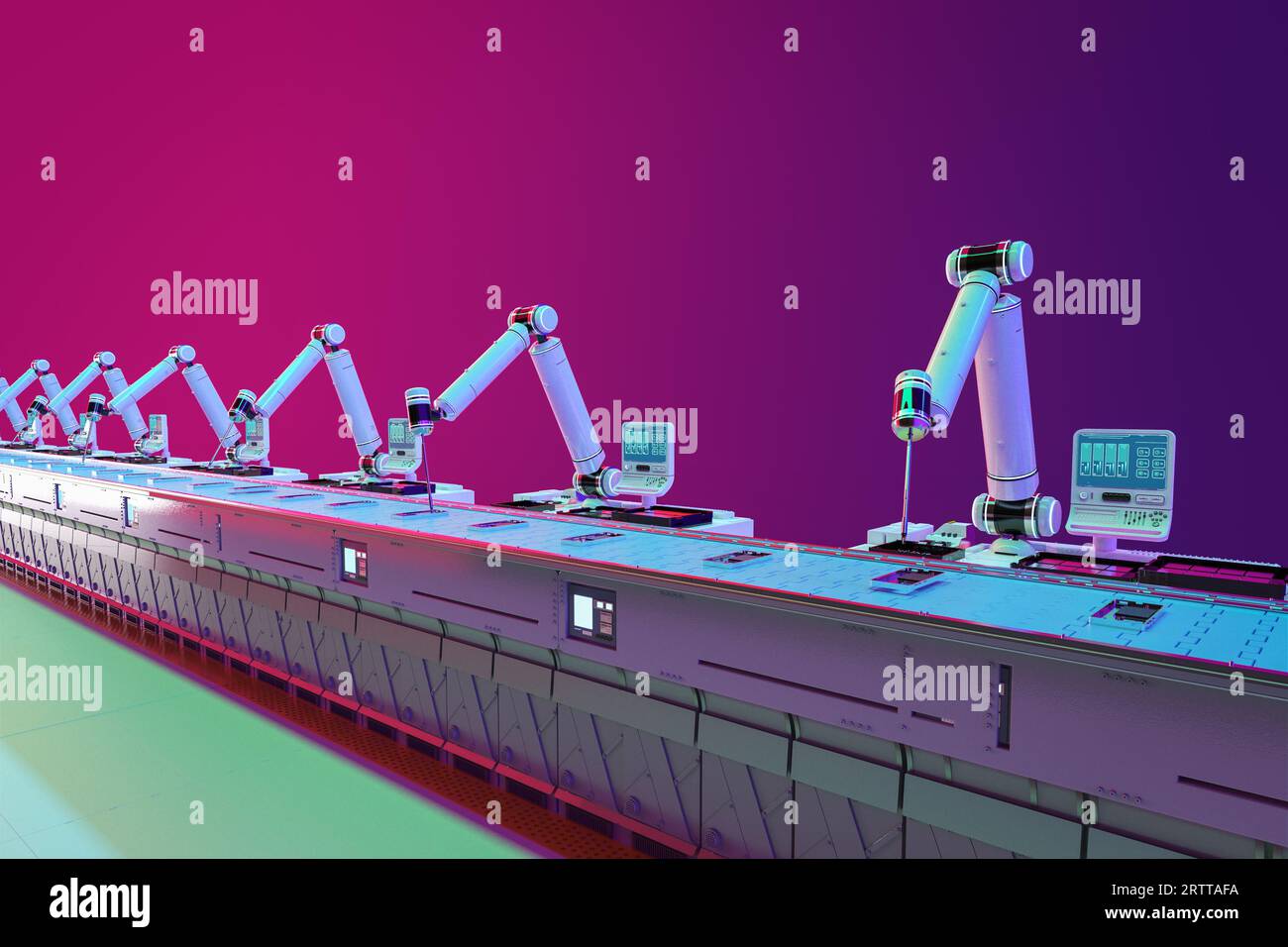 linea di assemblaggio del robot di rendering 3d con smartphone in fabbrica su sfondo vivace Foto Stock