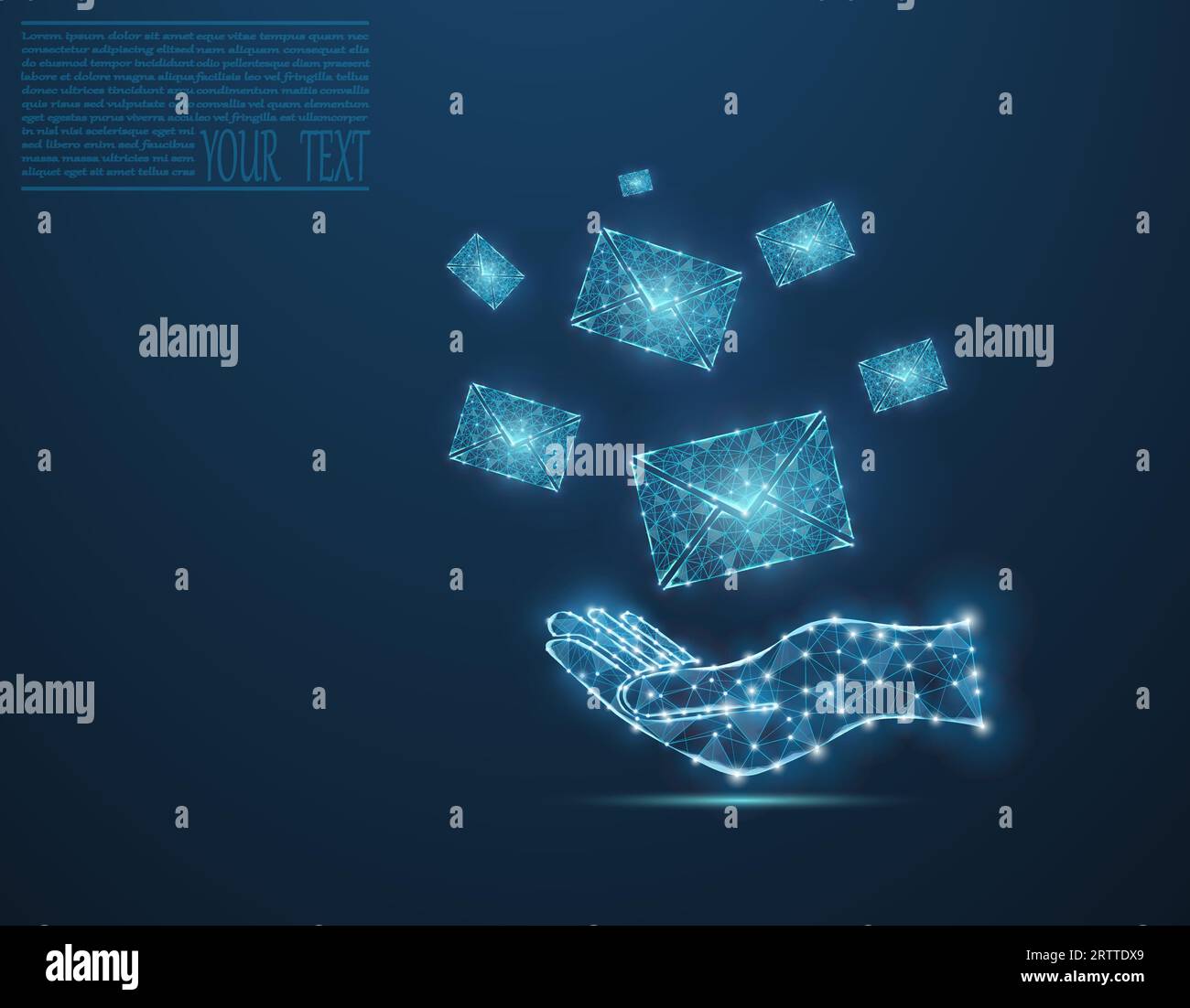 Posta su una mano illustrazione vettoriale composta da griglia tecnologica e punti. Icona messaggio, e-mail. Icona posta su sfondo blu scuro. Illustrazione Vettoriale