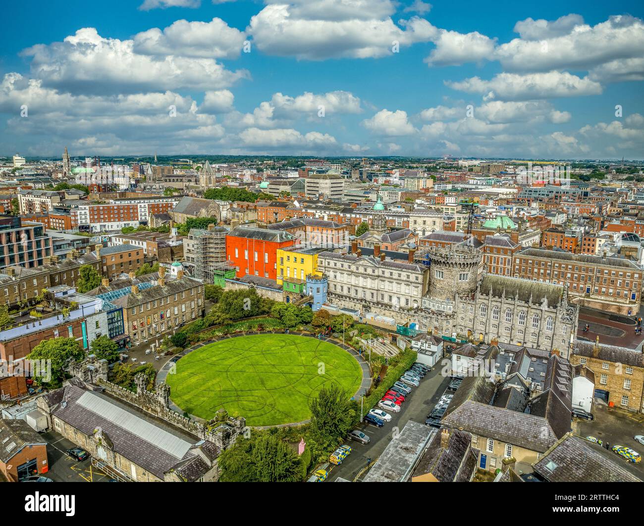 Vista aerea dell'edificio colorato del Castello di Dublino in Irlanda Foto Stock
