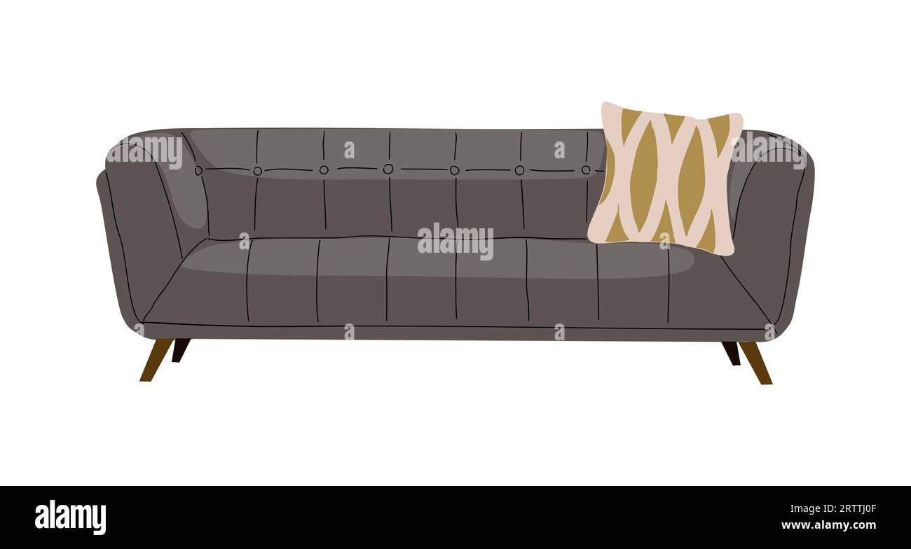 Elegante e confortevole divano grigio con cuscino vettoriale. Illustrazione Vettoriale
