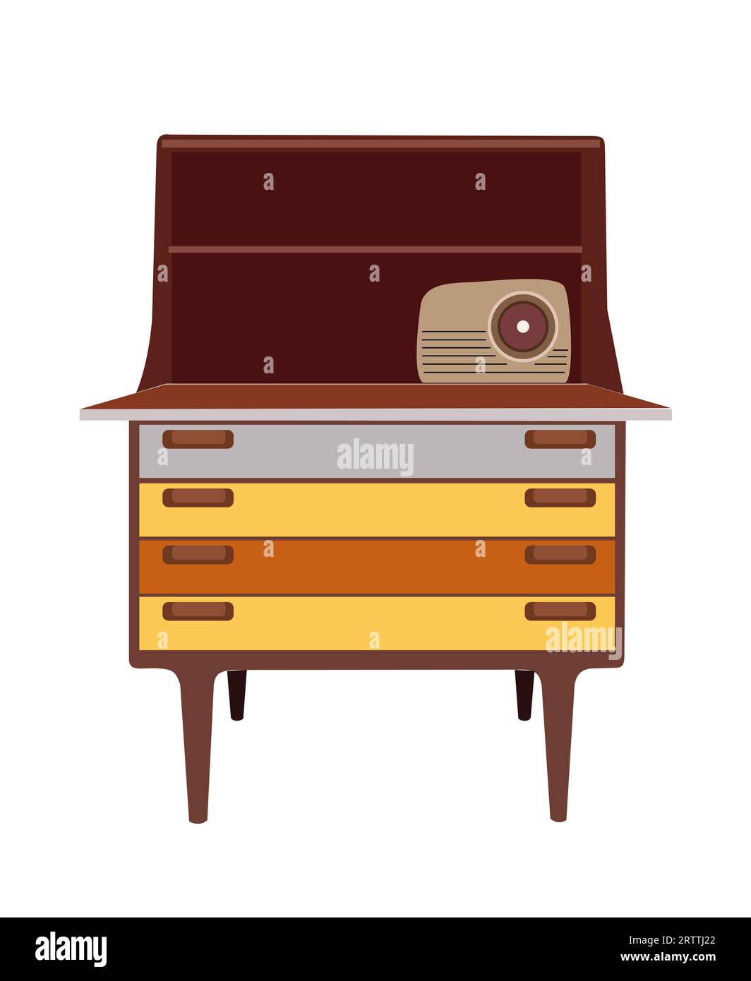 Armadietto in legno con porta aperta isolata dal vettore. Illustrazione Vettoriale