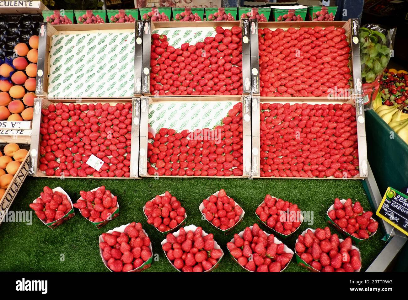 Un'esposizione di grandi vassoi e punzoni di fragole (des fraises), prodotti francesi in vendita in un piccolo negozio di frutta a Dupleix, Parigi, Francia Foto Stock