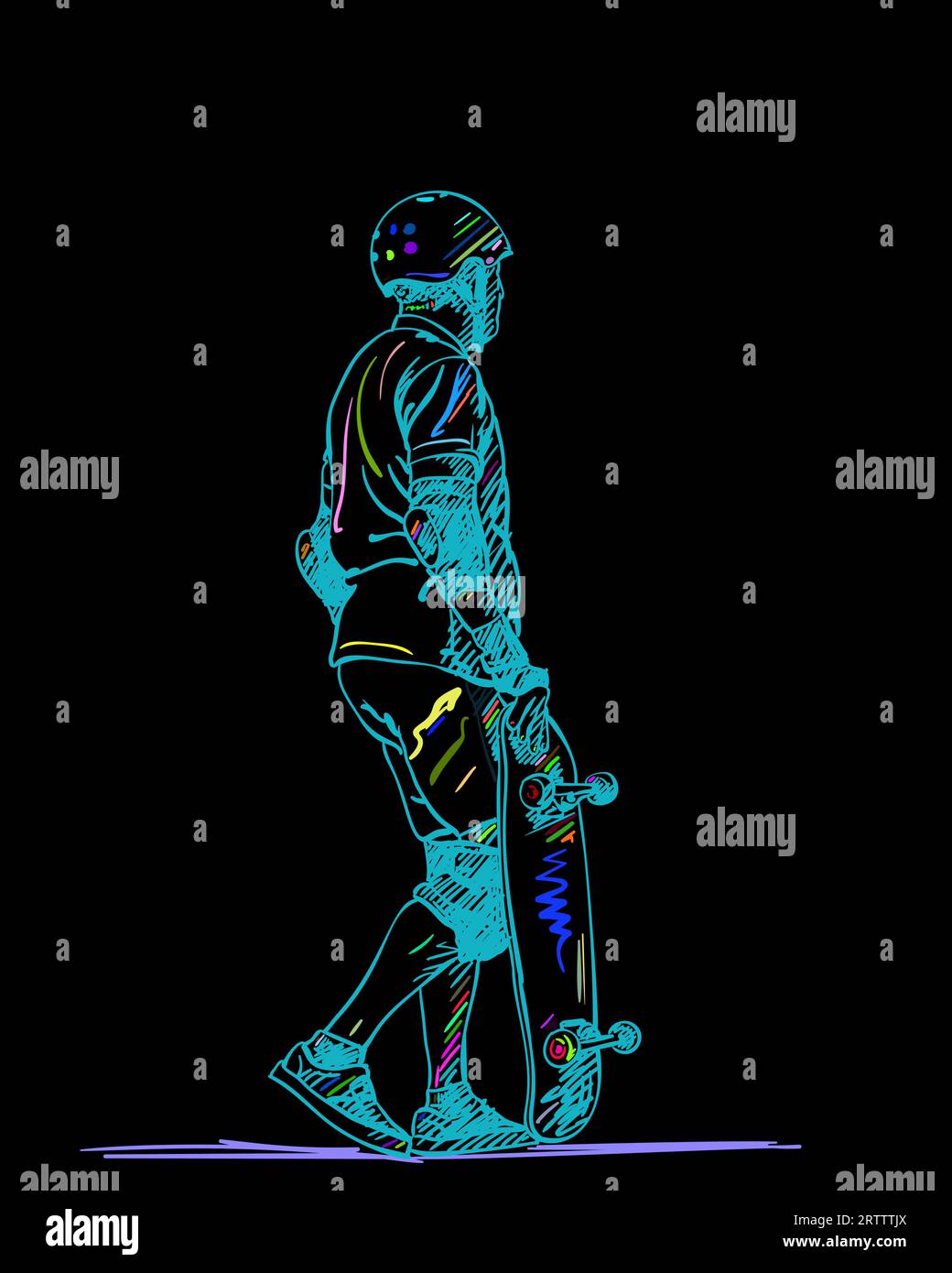 Skateboarder con protezione completa e supporti per casco e bozzetti colorati per skateboard su sfondo nero, illustrazioni vettoriali disegnate a mano Illustrazione Vettoriale