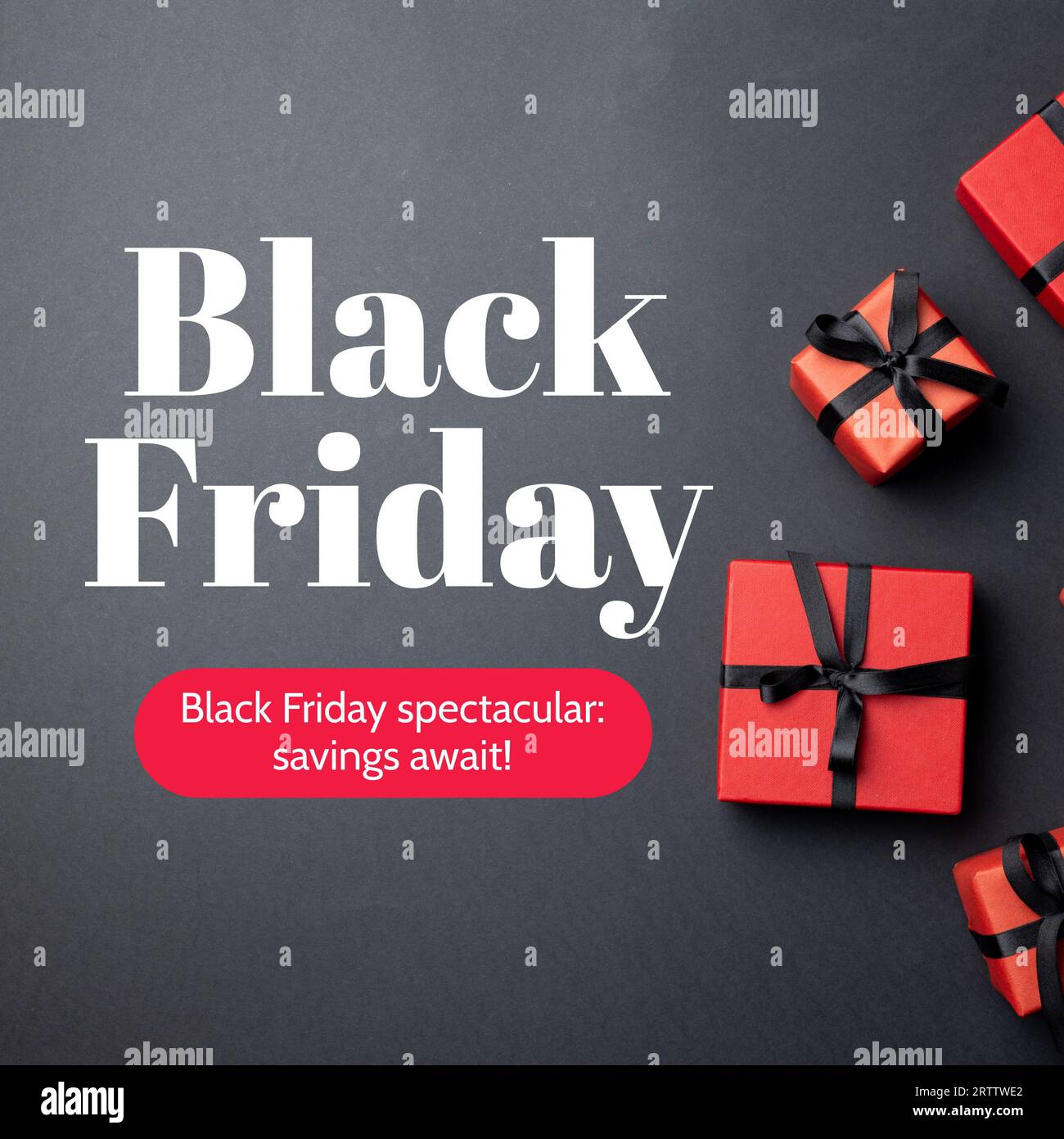 Composito di testo del Black friday e regali su sfondo rosso e nero Foto Stock