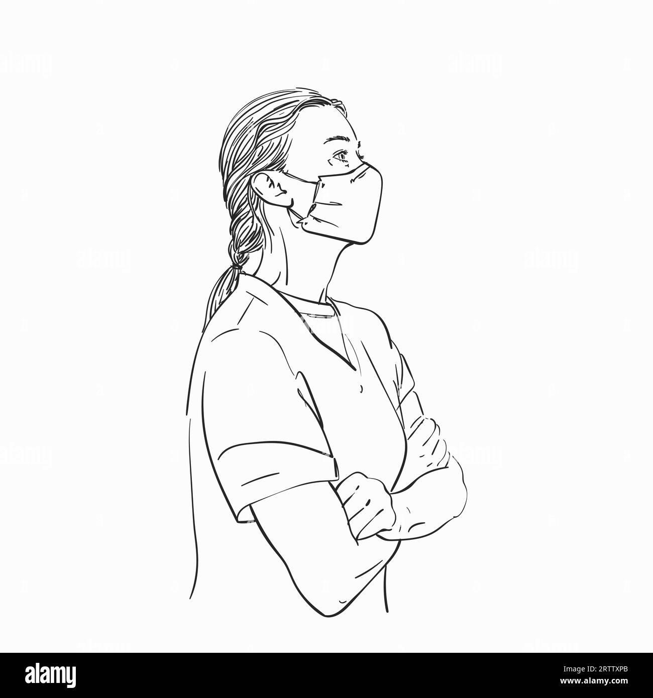 Donna di profilo che indossa la maschera medica in piedi con le braccia incrociate sul petto, illustrazione lineare disegnata a mano, schizzo vettoriale isolato su bianco Illustrazione Vettoriale