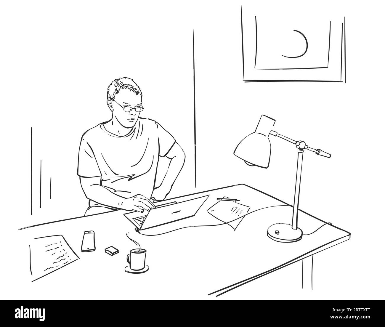 Schizzo di un uomo che lavora da casa con un computer portatile con lampada, tazza da caffè, smartphone e documenti sulla scrivania. Illustrazione lineare vettoriale disegnata a mano Illustrazione Vettoriale