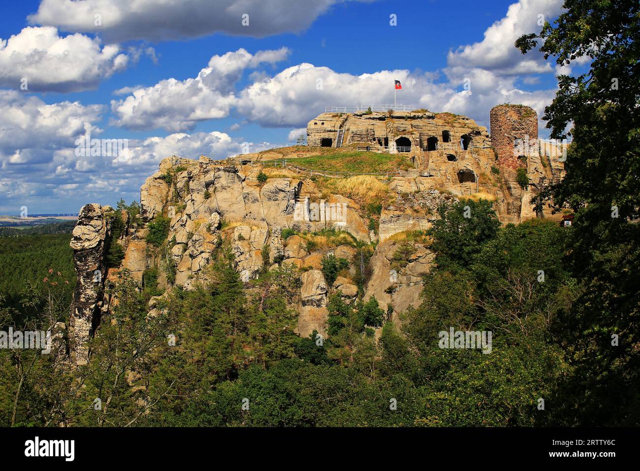 Rovine del castello di Regenstein in Germania, viste come nella famosa vista Merianblick/Merian. Foto Stock