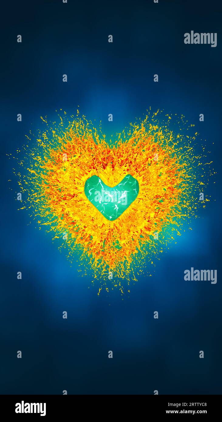 Cuore dorato energizzato su sfondo blu bokeh astratto Foto Stock