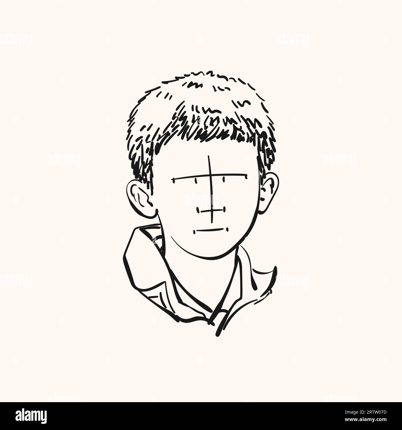 Ritratto di un ragazzo senza fase, ma linee tristi, schizzo lineare, illustrazione disegnata a mano Illustrazione Vettoriale