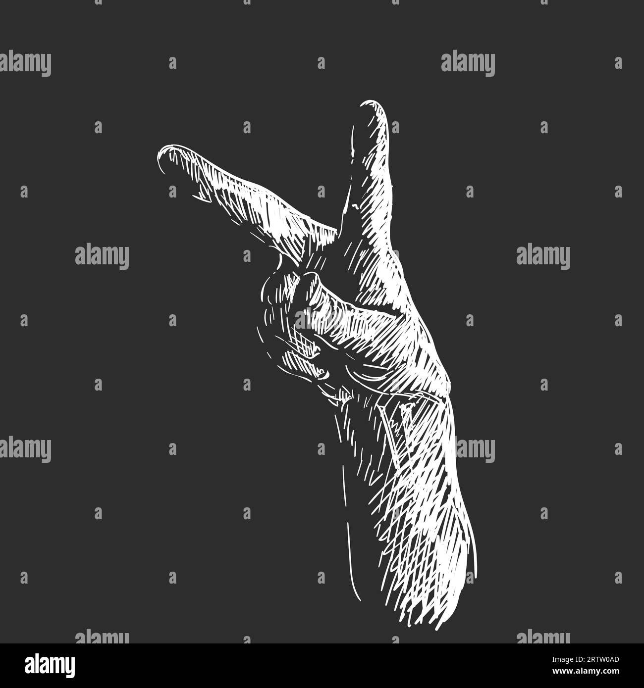 Mano che mostra il gesto di pace Vittoria, segno V. Schizzo bianco su sfondo nero, illustrazione vettoriale disegnata a mano Illustrazione Vettoriale