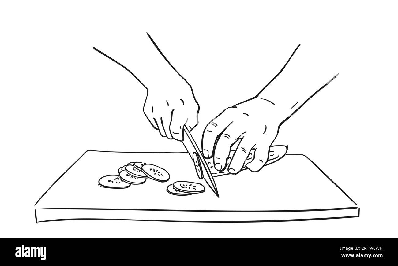 Mani ravvicinate per tagliare cetrioli con il coltello sul tagliere, disegno vettoriale, illustrazione disegnata a mano schizzo a inchiostro nero su sfondo bianco. Cucinare Illustrazione Vettoriale