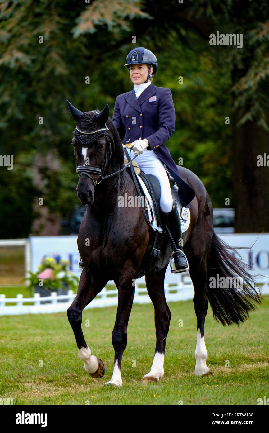 Blenheim Palace, Oxfordshire, UK.giovedì 14 ottobre 2023. Il giorno di apertura delle prove ippiche internazionali di Blenheim Palace è iniziato con Dressage. Dressage era un'idea militare per produrre supporti obbedienti, flessibili e reattivi che sarebbero stati migliori in battaglia. L'evento vedrà quattro giorni di eventi, tra cui Dressage, Cross Country e Showjumping, che si svolgono tutti nel Blenheim Palace. Crediti: Ian Tennant / Alamy Live News. Foto Stock