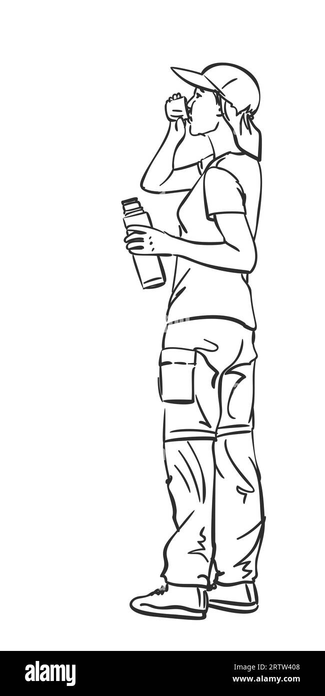 La ragazza sta bevendo dal thermos, sta in piedi a tutta lunghezza in abiti da esterno, disegno isolato. Disegno vettoriale disegnato a mano in bianco e nero Illustrazione Vettoriale